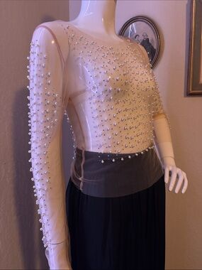 Pearl-Embellished Sheer Long Sleeve Tee - Nude/Beige
